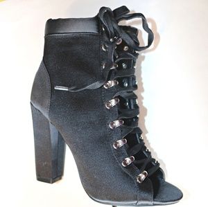 Black Satin Lace-Up Booties
